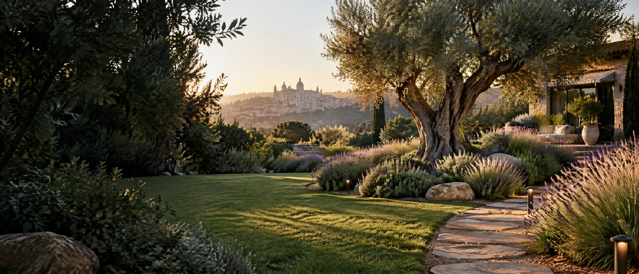 Jardín mediterráneo con césped natural cuidado en Madrid