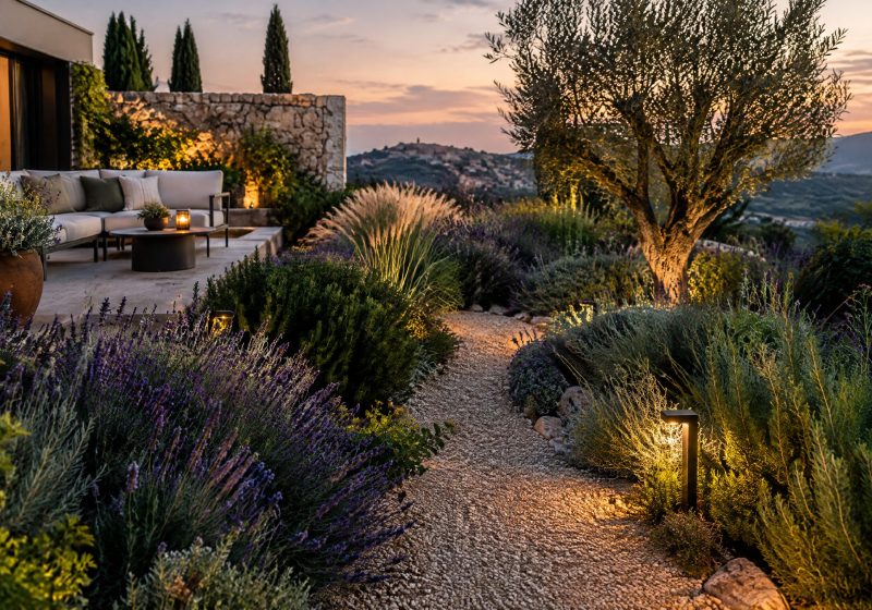Jardín ecológico de bajo mantenimiento con iluminación