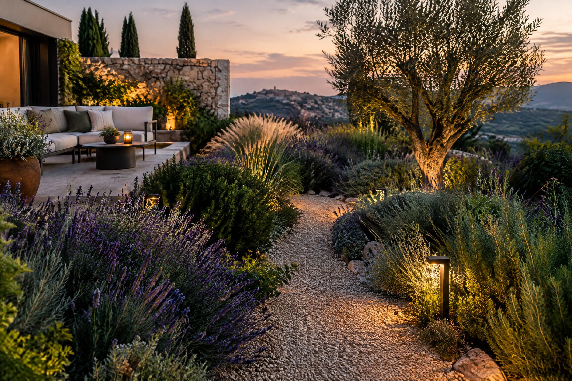 Jardín mediterráneo de bajo mantenimiento e iluminación cálida